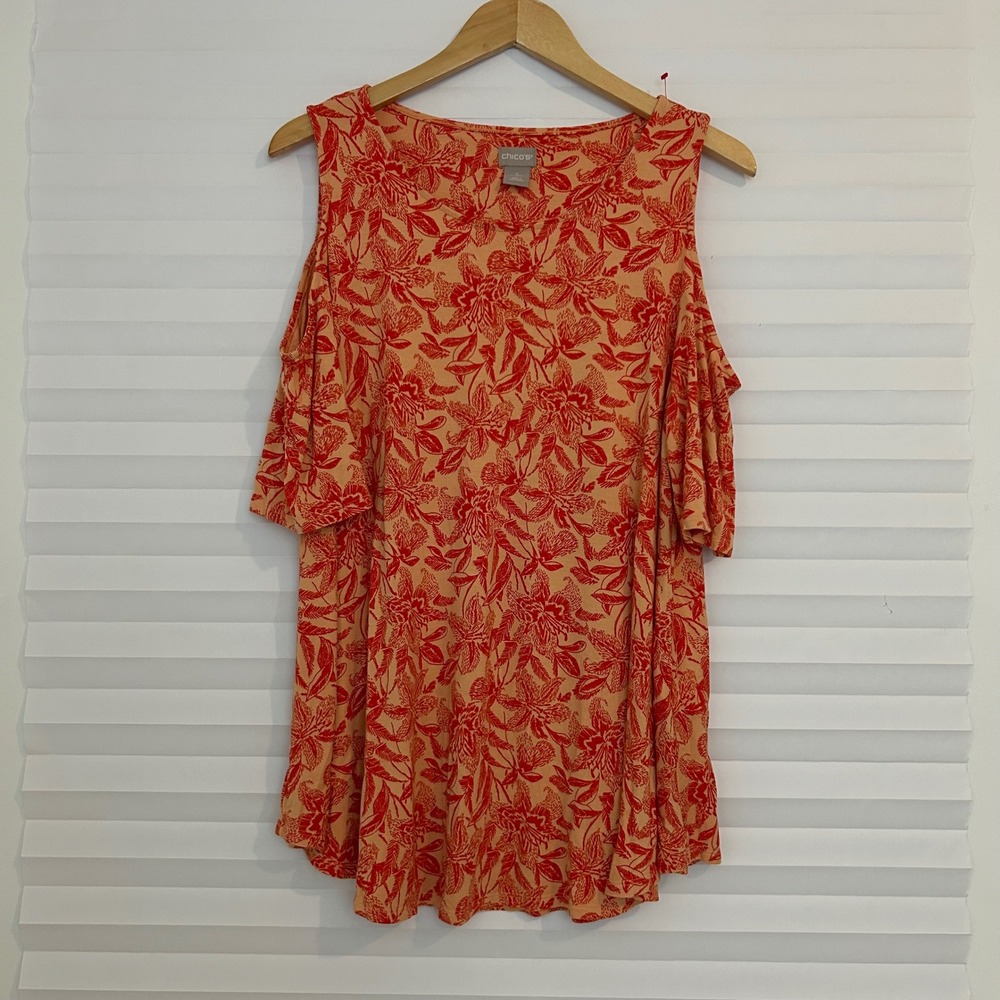 Chicos Cold Shoulder Floral Top Red Orange Botanical Print‎ Tunic Top Size 2 L